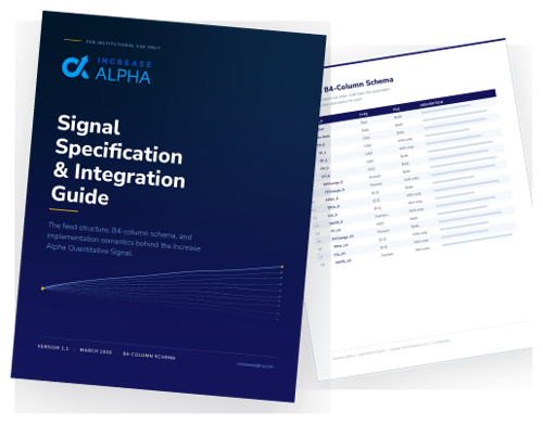 Increase Alpha Signal Specification and Integration Guide, version 1.1, showing the cover and the 84-column schema page